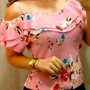 Womens Casual Pink Floral Ruffle Off The Shoulder Blouse Sz S